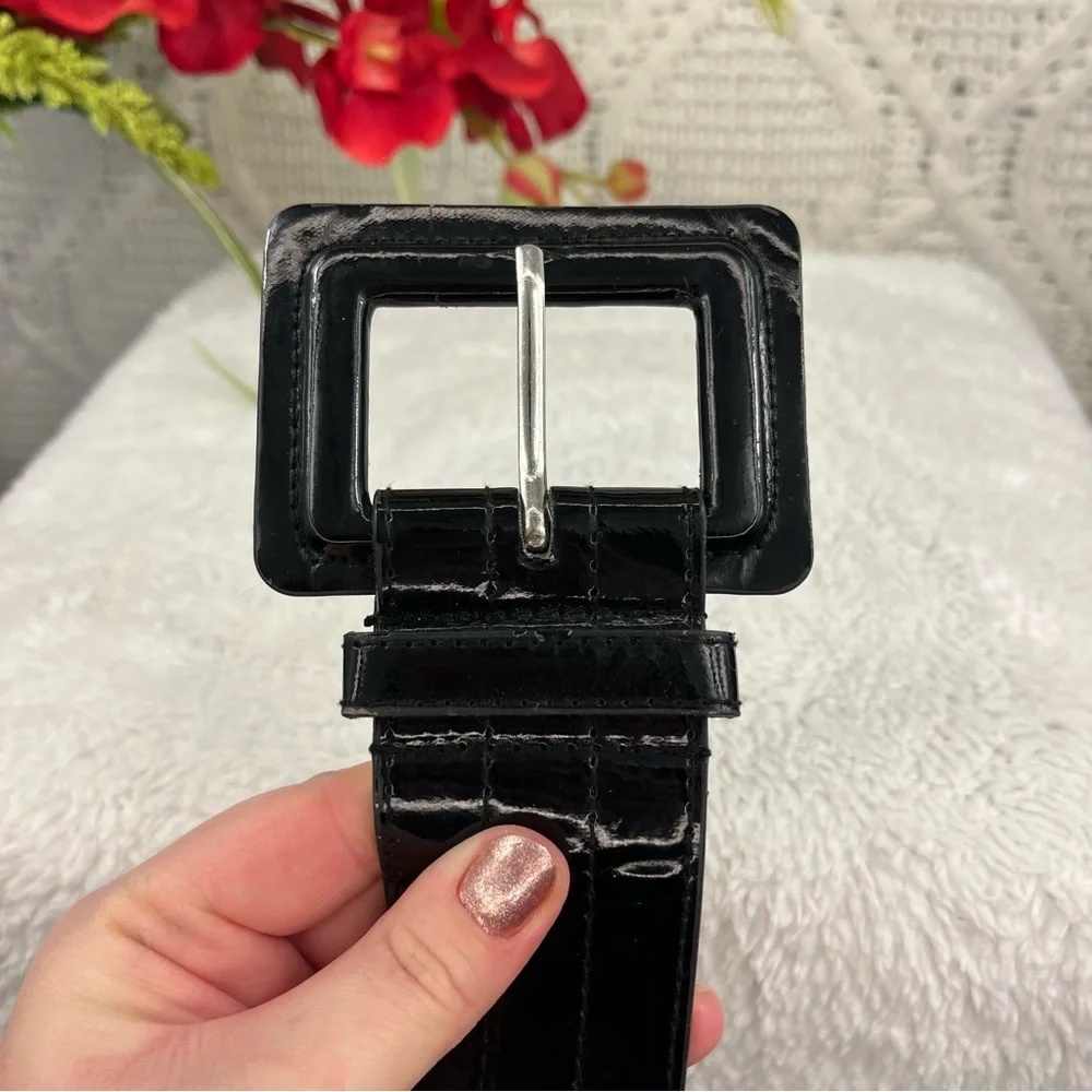 Black Patent Faux Vegan Leather Big‎ Buckle Belt